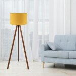 Lampadaire tr�pied effet bois noyer, abat - jour jaune kilis