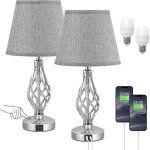 Lampe de chevet tactile 2 ports usb - c et usb - a, 2 ampoules, abat - jour en lin gris, base en m�tal, ...