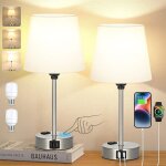 Lampe de chevet tactile avec ports usb - a + c + ac, 2 ampoules, 3 dimmables, abat - jour en lin blanc, ...