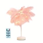Lampe rose avec plumes d'autruche, lampe de chevet, lampe de table led, cadeaux de no�l pour chambre ...