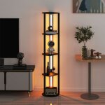 Lampe de sol moderne avec �tag�re meuble de rangement en bois avec 4 bandes led rotatives luminosit� ...