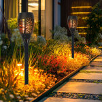 Lampe solaire effet feu torche solaire effet flamme lampe de jardin torche noire, plastique, ampoule ...