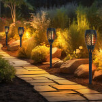 Lampe solaire effet feu torche solaire effet flamme lampe de jardin torche noire, plastique, ampoule ...