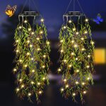 Lampe solaire exterieur, 2 plantes artificielles feuilles saule suspension 66 led luminaire, lanterne ...