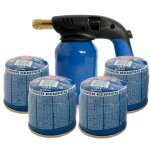 Lampe a souder coque acier llumage piezo + 4 cartouches de gaz 190gr stop gaz perables kemper