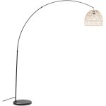 Lampe sur pied au style moderne avec un abat - jour en rotin soutenu par une tige tendue en m�tal noir ...