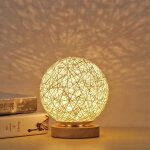 Lampe de table en bois � led, veilleuse de chevet � boule sph�rique en rotin en bois cr�atif avec abat ...