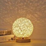 Lampe de table en bois  led, veilleuse de chevet  boule sphrique en rotin en bois cratif avec abat ...
