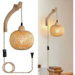 Lanterne en bambou � brancher sur appliques murales avec cordon enfichable, applique murale en rotin ...