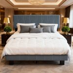 Lit 140x200 cm, avec t�te de lits r�glable en hauteur, cadre de lit capitonn� avec sommier � lattes, ...