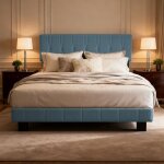 Lit 140x200 cm, tissu velours, avec sommier � lattes, cadre de lit avec t�te de lit rembourr�e r�glable ...