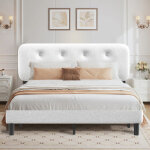 Lit 160 x 200 cm, avec t�te de lit rembourr�e, en acier, supporte jusqu'� 400 kg, montage facile, blanc ...
