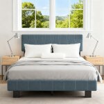 Lit adulte 140 x 200 cm, avec t�te de lit rembourr�e et sommier � lattes, hauteur 26. 5 cm, gris bleu ...