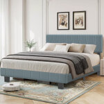 Lit adulte 140x200 cm, cadre de lit avec rangement spacieux & sommier � lattes, gris - bleu velours lits ...