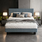 Lit adulte 140x200 cm, livr� avec t�te de lit rembourr�e et sommier � lattes, montage facile avec outils ...