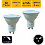 Lot de 2 ampoules led dimmable gu10 6w 500lm 2700k - garantie 5 ans