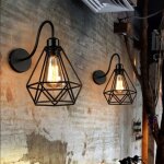 Lot de 2 applique murale forme diamant en m�tal fer noir, lustre abat - jour cage forg� lampe r�tro industriel ...