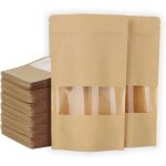 Lot de 200 sachet kraft alimentaire avec fenetre, 16�22cm sachet kraft zip r�utilisables, imperm�able ...