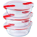 Lot de 3 lunch box - pyrex - cook & heat - verre - rond - couvercle a valves vapeur sp�cial micro - onde ...