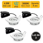 Lot de 3 spots led encastrable ip44 orientable 30° - salle de bain - 4, 8w 400 lm 3000k - garantie 3 ... Lot de 3 spots led encastrable ip44 orientable 30° - salle de bain - 4, 8w 400 lm 3000k - garantie 3 ...