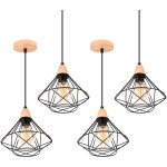 Axhup - lot de 4 lustre suspension cage design en mtal et bois rtro lampe plafonnier luminaire pour ...