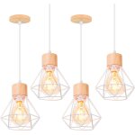 Axhup - lot de 4 lustre suspension cage diamant en mtal e27 plafonnier luminaire en bois blanc