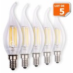 Lot de 5 ampoules led flamme coup de vent filament 4 watt (quivalent 42 watt) culot e14  visser blanc ...