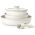 Lot de 5 casseroles et po�les avec poign�e amovible, avec rev�tement anti - adh�sif, compatible avec ...