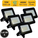 Lot de 5 projecteurs led 10w 1000 lm 4000k ip65 connexion en direct - garantie 5 ans