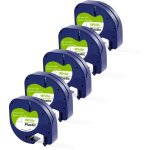 Lot de 5 rubans blanc compatible dymo letratag - etiquette plastique 91201 12mm x 4m phonillico