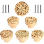Lot de 6 boutons de meuble en rotin boutons de tiroir, de porte style boh�me poign�e tiroir en bois ronds ...