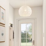 Luminaire suspension � 43 x h 34cm forme rond en papier tiss� abat - jour m�talliques avec corde r�glable ...