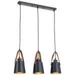 Luminaire suspension en m�tal noir et lani�re cuir 3 lampes e27 richmond