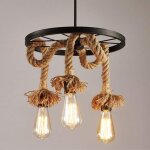 Lustre d'int�rieur r�tro lampe � suspension vintage en corde de chanvre plafonnier � roue cr�ative 3 ...