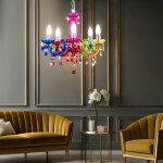 Lustre moderne suspension lampe de chambre 5 flammes, cristaux color�s, m�tal acrylique, 5x e14, dxh ...
