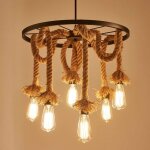 Lustre suspension en corde de chanvre 6 lampe douille e27 , r�tro lampe de plafond roue industrielle ...