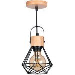 Lustre suspension à socle en bois industrielle lampe suspension e27 vintage en métal cage et bois Lustre suspension à socle en bois industrielle lampe suspension e27 vintage en métal cage et bois