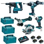 Makita - lot de 5 machines 18 v li - ion avec 4 batteries 5ah et chargeur rapide double, 3 coffrets makpac ...