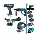 Makita - pack premium 4 machines 18v 5ah: perceuse ddf482 + meuleuse dga504 + perforateur dhr202 + djv180 ...
