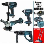 Makita - pack power pro 18v: perceuse 91nm ddf458 + perfo 2j dhr202 + meuleuse 125mm dga504 + visseuse ...