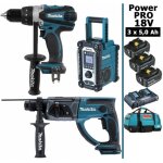 Makita - pack power pro 18v: perceuse 91nm ddf458 + perfo 2j dhr202 + radio de chantier dmr108 + 3 batt ...