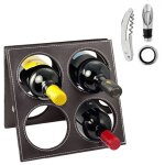Mediawave store - porte - bouteilles de vin en simili cuir 4 places avec accessoires ouvre - bouteille ...