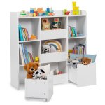Meuble de rangement enfant mana 5 tagres, 3 bacs et 2 cubes sur roulettes blanc
