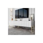 Meuble tv blanc, longueur 190 cm x largeur 38 cm x hauteur 48 cm, pieds de table dors, design de porte ...