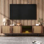 Meuble tv, panneau bas sculpt� textur�, meuble tv avec ruban led et portes en verre tremp�.
