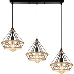 Lustre r�tro � 3 lumi�res plafonnier diamant suspension luminaire en corde de chanvre noire pour bureau, ...