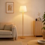 Nowa - lampadaire textile blanc lampe sur pied imitation bois lampe de salon debout, m�tal, douille e27, ...
