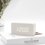 Num�rique r�veil bois r�glable luminosit� contr�le vocal led horloge rectangle affichage temps temp�rature ...