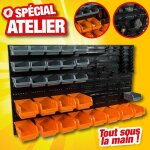 Rangement d'atelier avec panneaux, 2 supports et 28 casiers de rangement mural