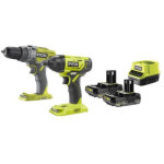Pack 2 outils - ryobi - perceuse - visseuse a percussion 2 vitesses + 1 visseuse a chocs - 2 batteries ...